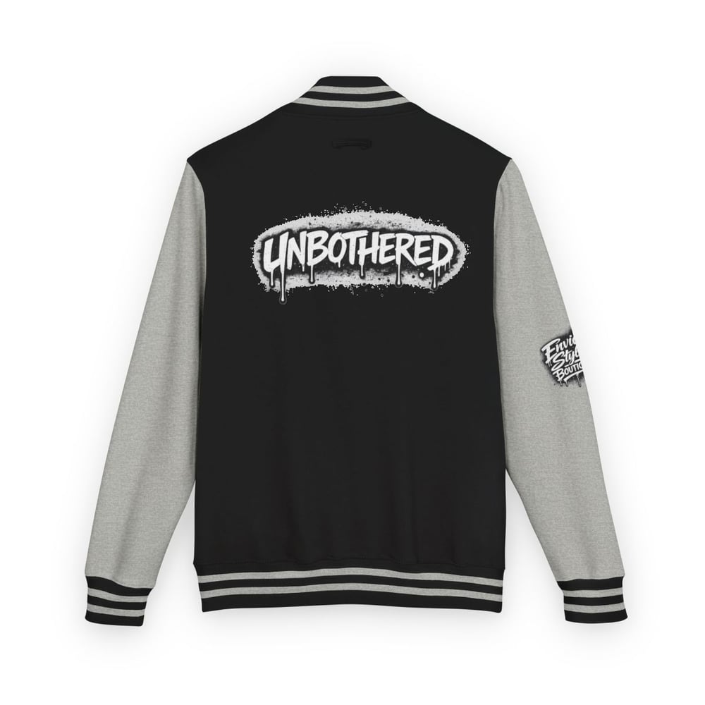 Image of Unisex Unbothered Letterman Jacket – Retro Varsity Bomber with 'Unbothered' Graffiti Design