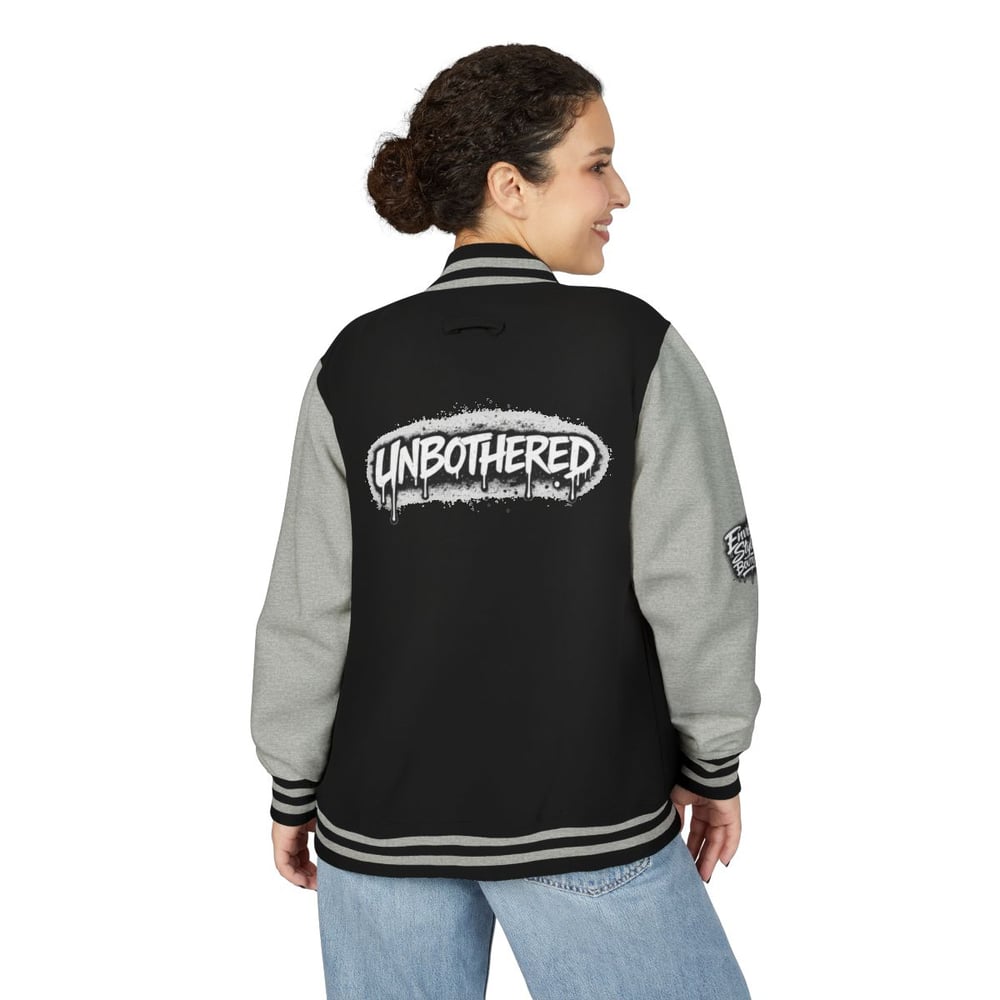 Image of Unbothered Letterman Jacket – Retro Varsity Bomber with 'Unbothered' Graffiti Design