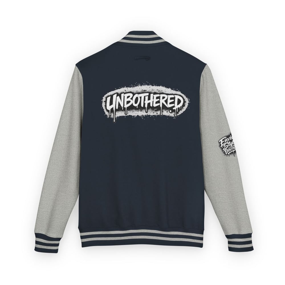 Image of Unbothered Letterman Jacket – Retro Varsity Bomber with 'Unbothered' Graffiti Design