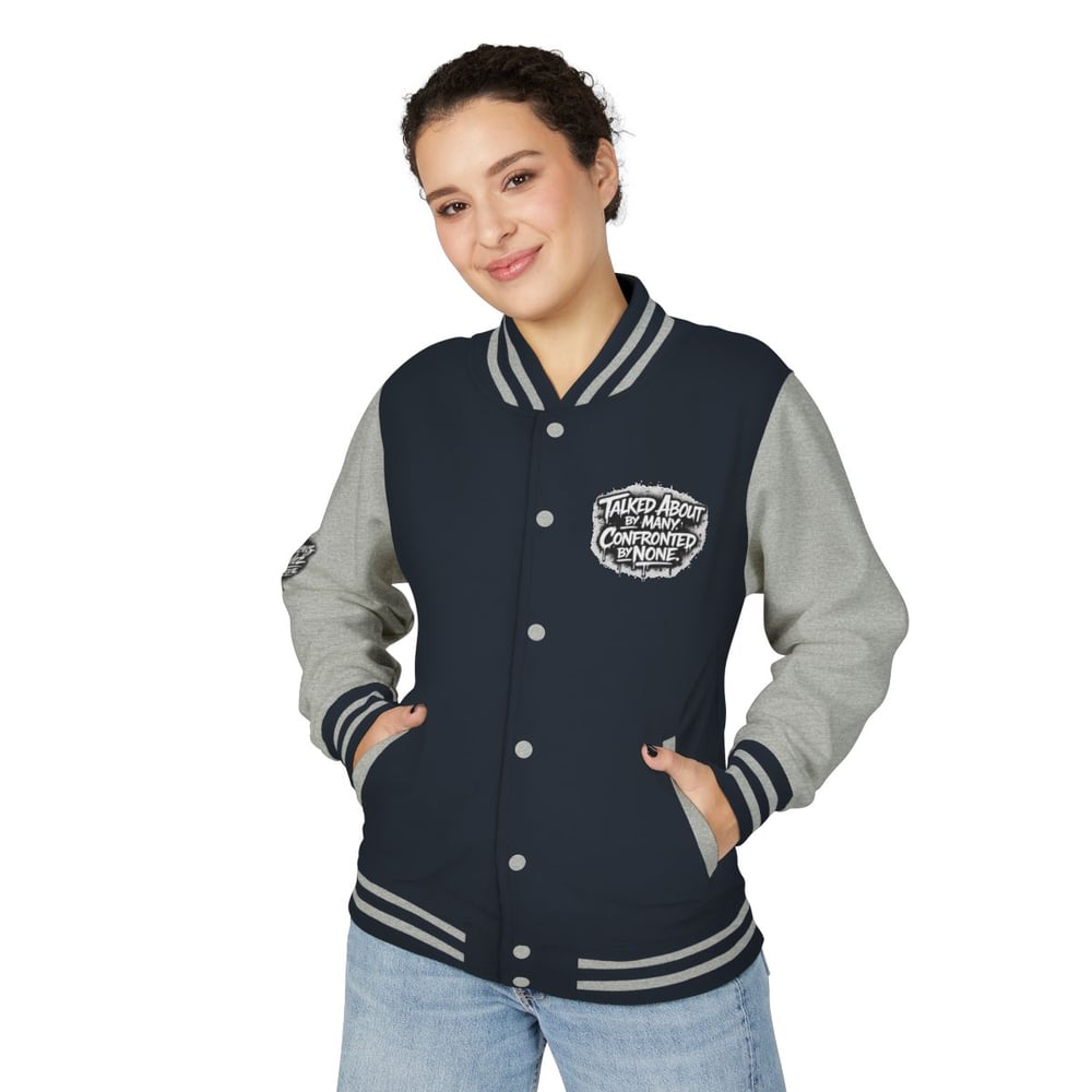 Image of Unbothered Letterman Jacket – Retro Varsity Bomber with 'Unbothered' Graffiti Design