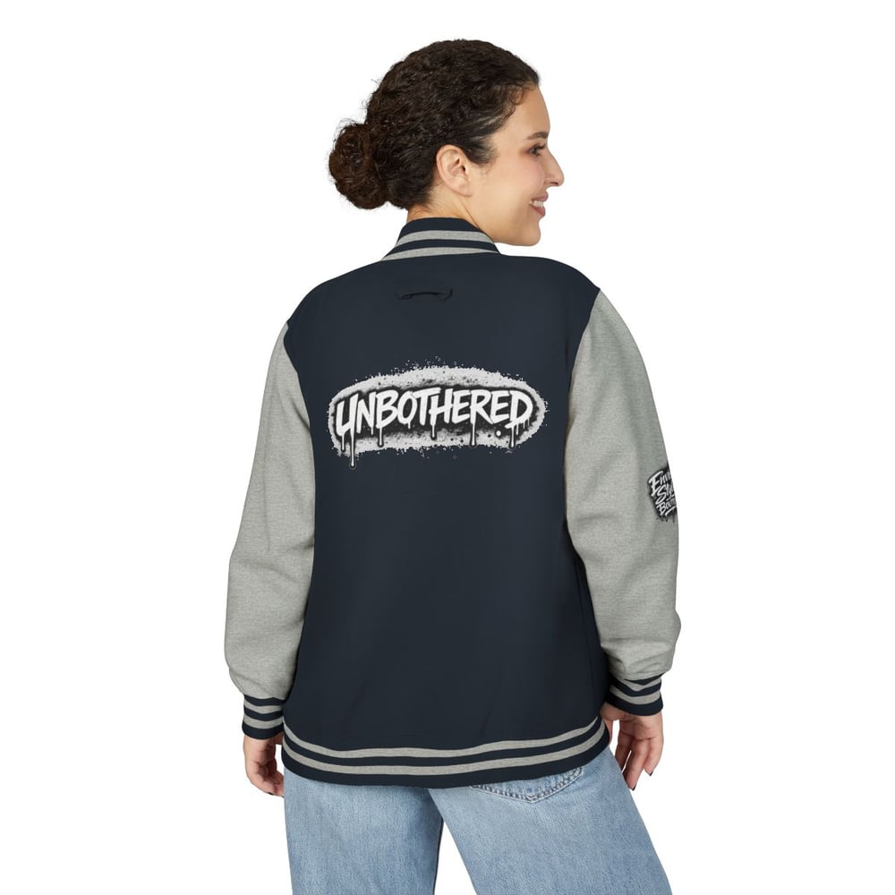 Image of Unbothered Letterman Jacket – Retro Varsity Bomber with 'Unbothered' Graffiti Design