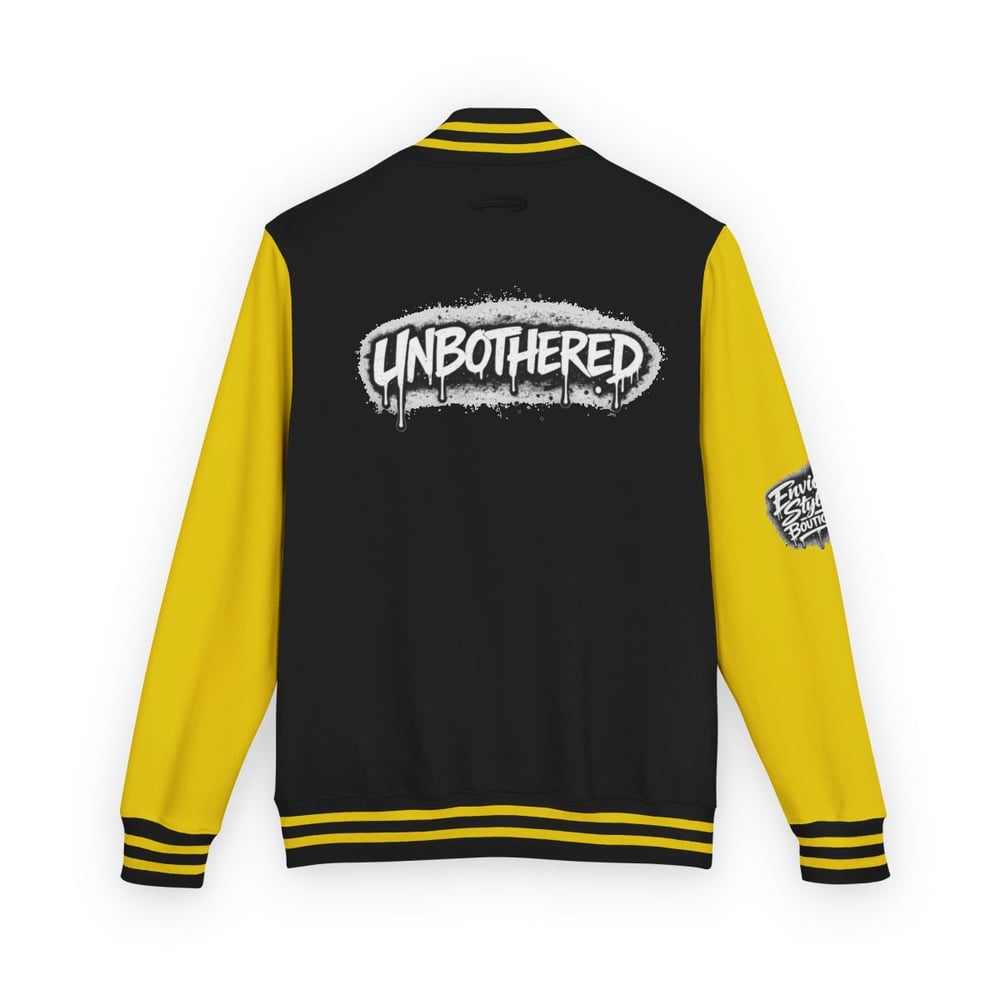 Image of Unbothered Letterman Jacket – Retro Varsity Bomber with 'Unbothered' Graffiti Design
