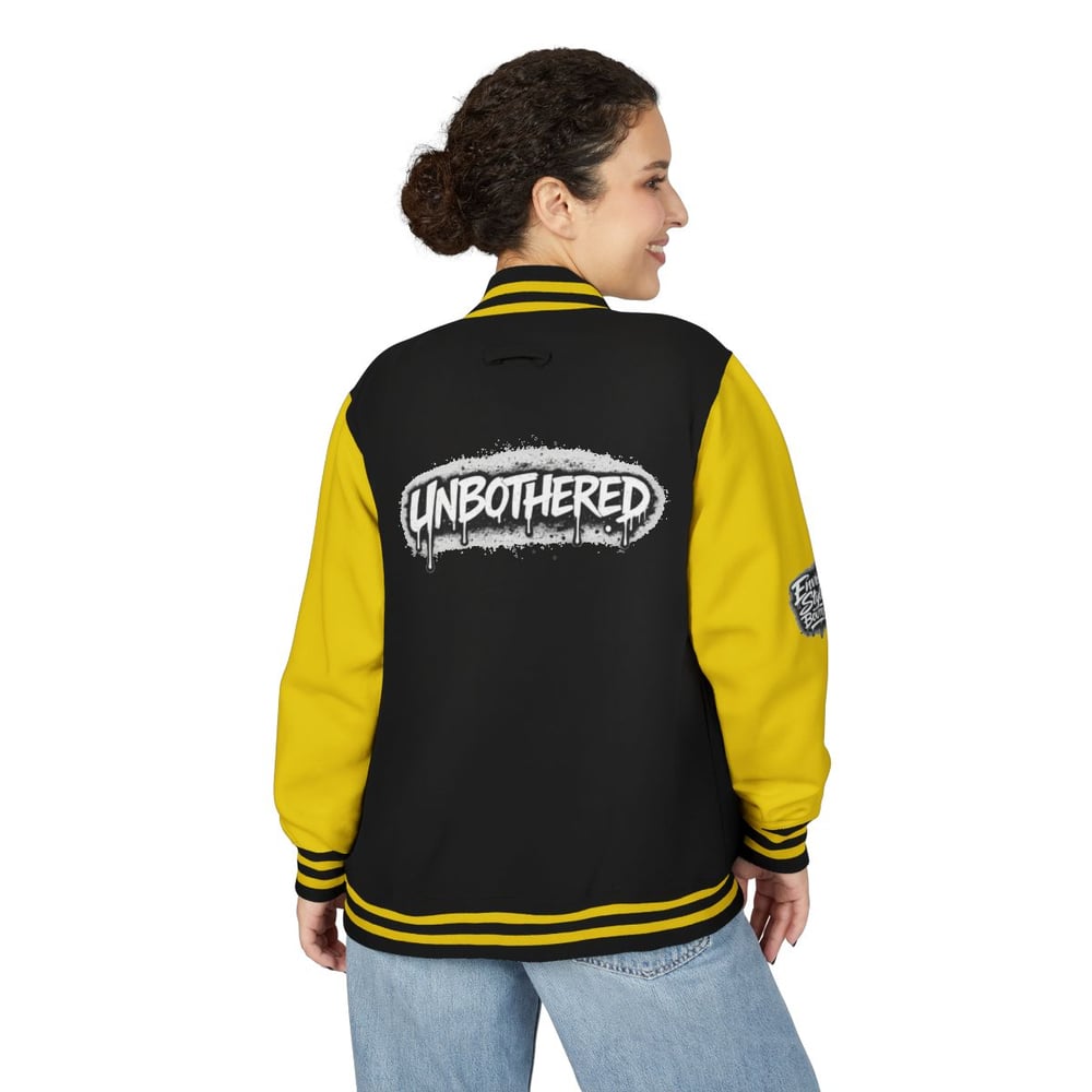 Image of Unbothered Letterman Jacket – Retro Varsity Bomber with 'Unbothered' Graffiti Design