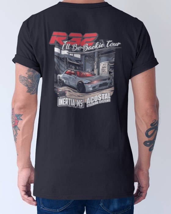 Image of R32 'I'LL BE BACKIE TOUR' FITTED TEE - Black & Dark Grey Stone Wash