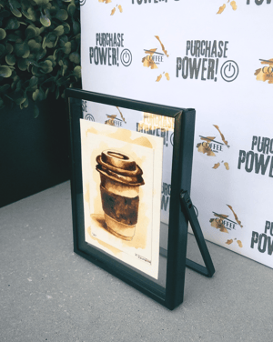 Image of "Purchase Power" (Black Acylic Framed Art)| "mini" Warm Coffee To-Go Cup Portrait