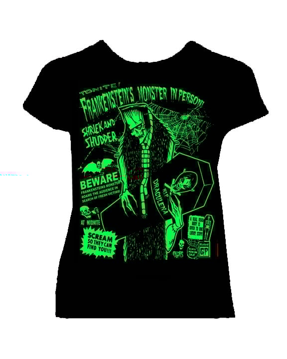 Image of Preorder FRANKENSTEINS MONSTER IN PERSON - WOMANS  fitted  babydoll shirt- ships april 4th 