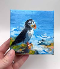 Image 1 of Perched in the Breeze – cute 4x4" puffin painting