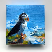 Image 3 of Perched in the Breeze – cute 4x4" puffin painting