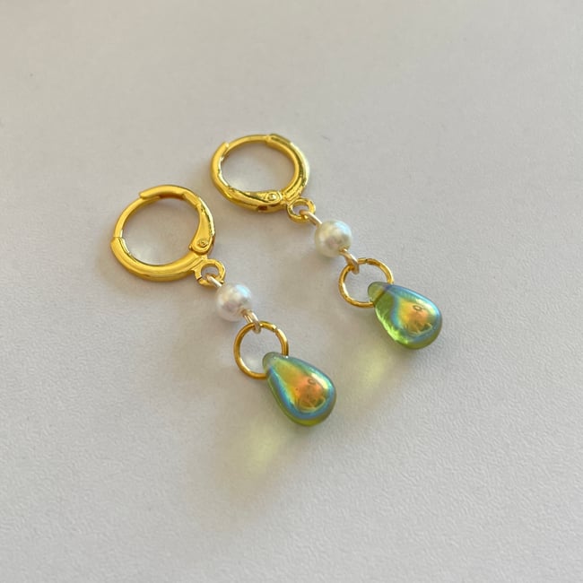 pearl green teardrop gold huggie hoop earrings