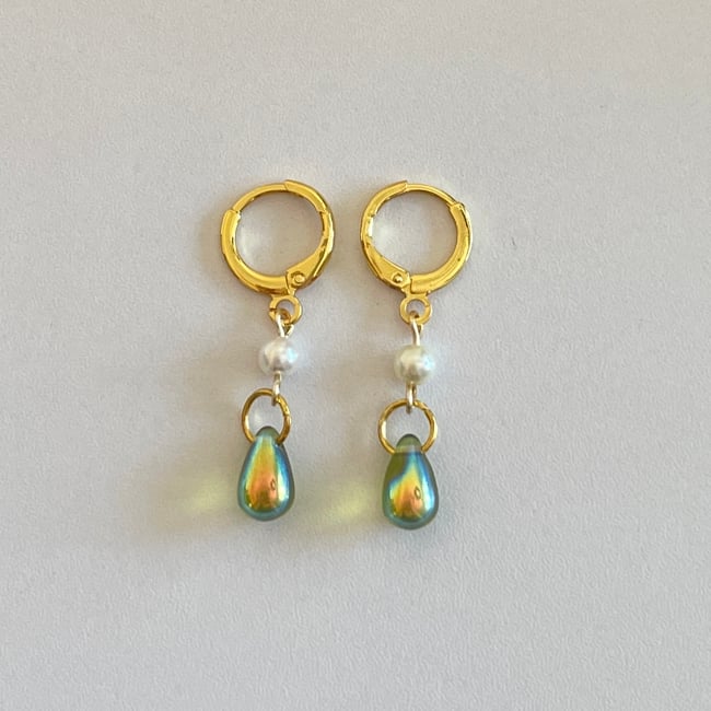 pearl green teardrop gold huggie hoop earrings