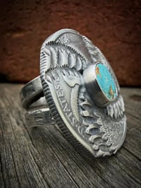 Image 2 of WL&A Handmade Walking Liberty Silver Half Dollar Sierra Bella Turquoise Crossroads Ring  - Size 9