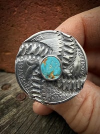 Image 3 of WL&A Handmade Walking Liberty Silver Half Dollar Sierra Bella Turquoise Crossroads Ring  - Size 9