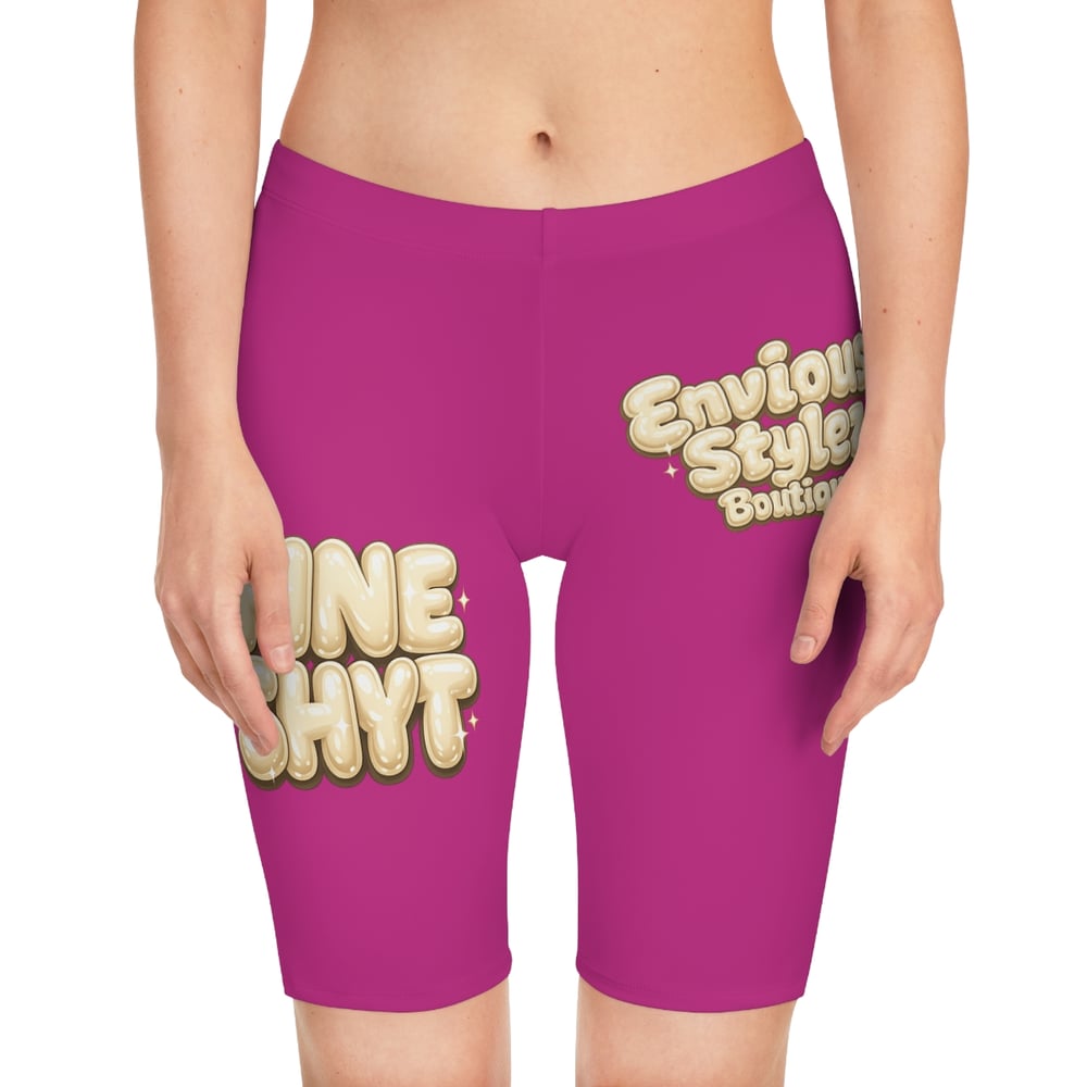 Image of Women's Bike Shorts — Pink 'Fine Shyt' & 'Don't Stare Too Long' Graphic