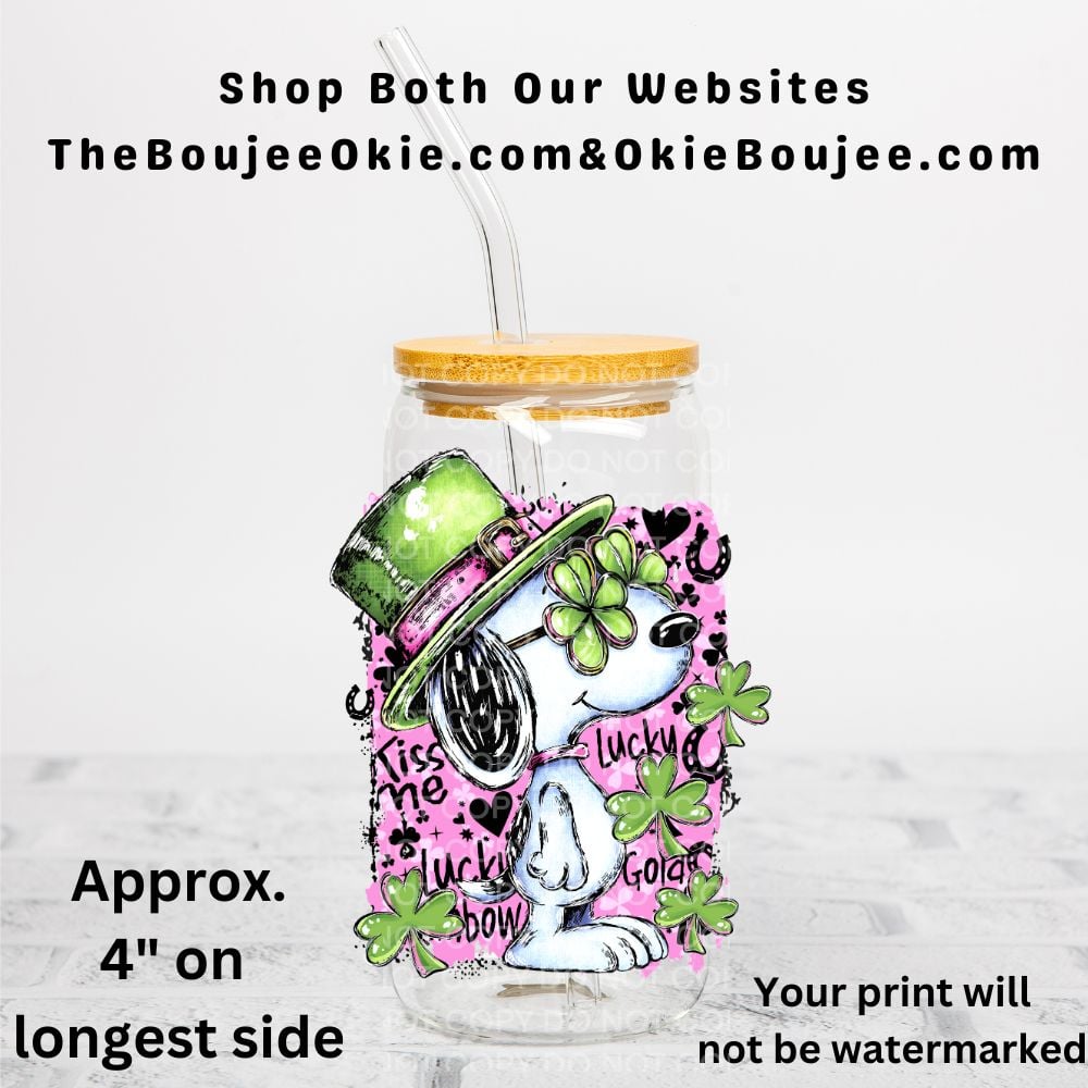 Image of Lucky Snoopy Uv Dtf Decal Double Sided     T5 St Patricks Day