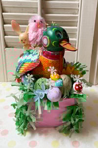 Vintage Tin Duck In Pink Berry Basket Easter Spring Decoration