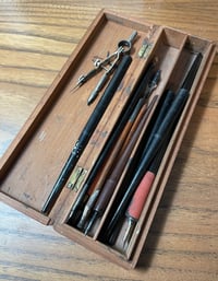 Antique Wooden Box with Fountain Pens and More