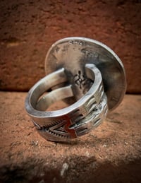 Image 5 of WL&A Handmade Walking Liberty Silver Half Dollar Sierra Bella Turquoise Whirling Log Ring  - Size 10