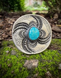 Image 1 of WL&A Handmade Walking Liberty Silver Half Dollar Sierra Bella Turquoise Whirling Log Ring  - Size 10