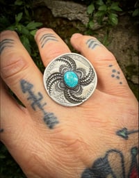 Image 2 of WL&A Handmade Walking Liberty Silver Half Dollar Sierra Bella Turquoise Whirling Log Ring  - Size 10