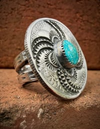 Image 4 of WL&A Handmade Walking Liberty Silver Half Dollar Sierra Bella Turquoise Whirling Log Ring  - Size 10