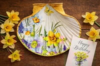 Image 1 of Shell trinket dish daffodil & butterfly design with gold March Birth flower 