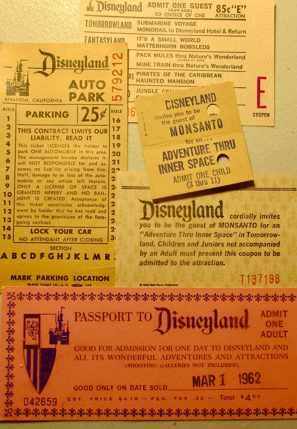 LOOK CLOSELY--THIS IS AN AMAZING DISNEYLAND COLLECTION OF SEVERAL VERY RARE TICKETS!