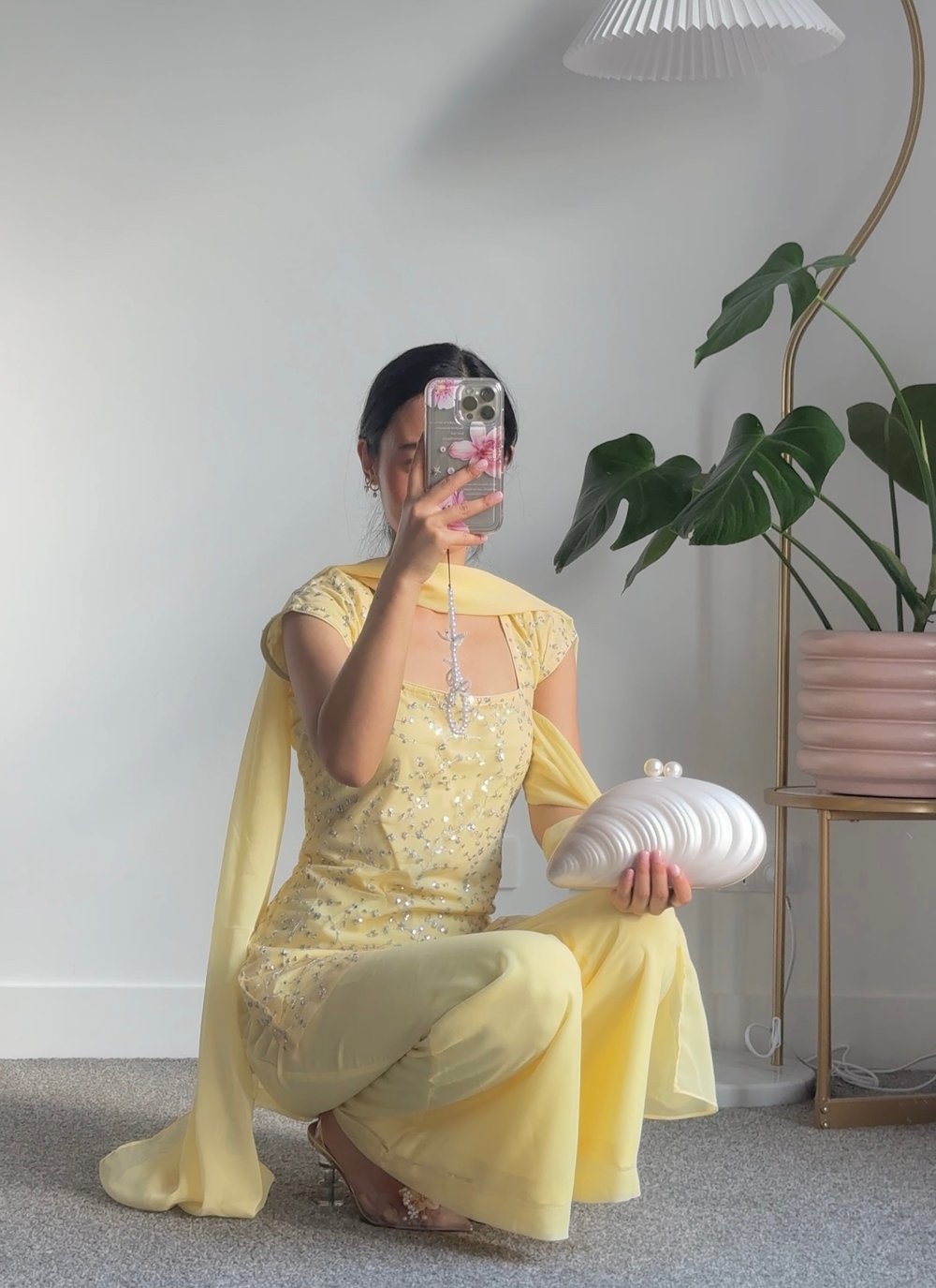 Image of Pastel yellow three piece kurti set 