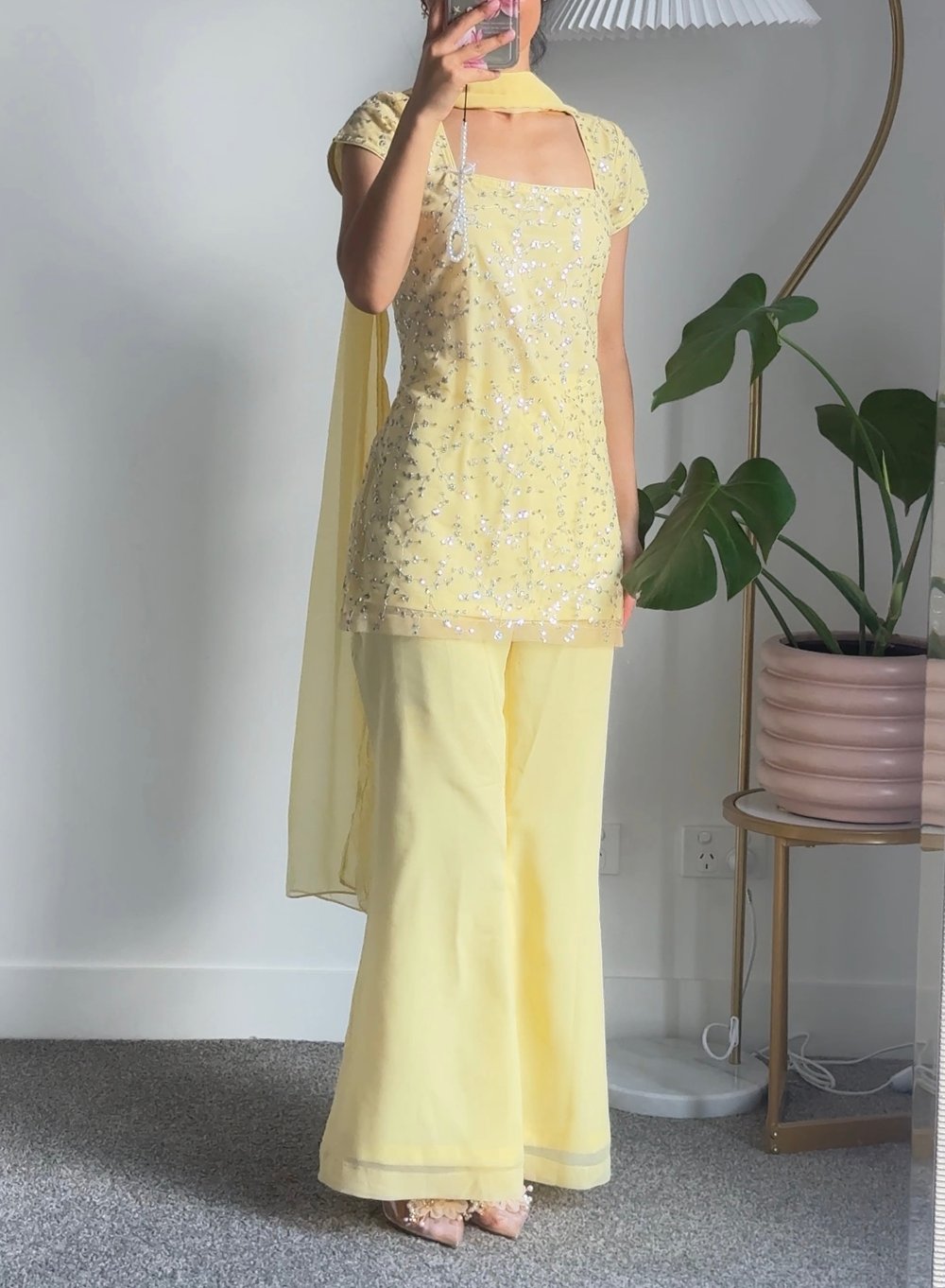 Image of Pastel yellow three piece kurti set 