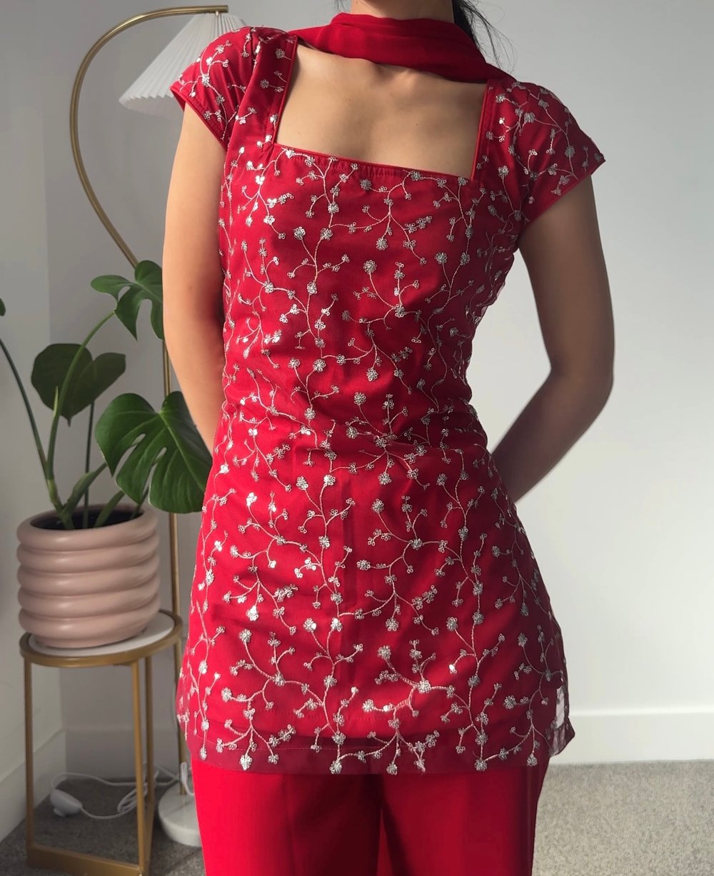 Image of Red cherry three piece kurti set 