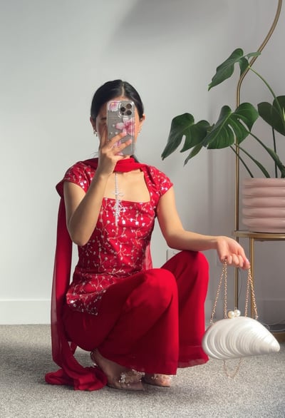 Image of Red cherry three piece kurti set 