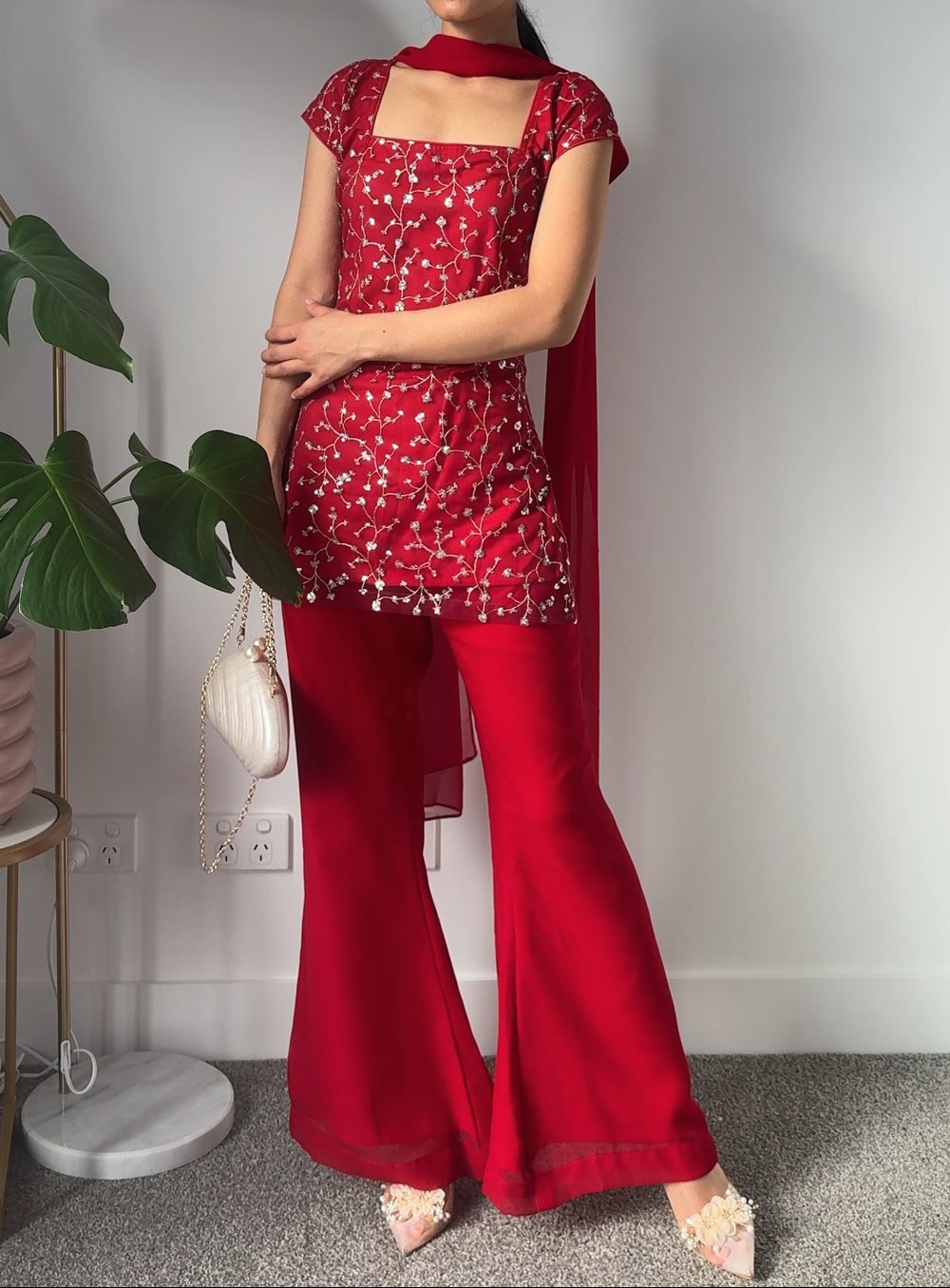 Image of Red cherry three piece kurti set 