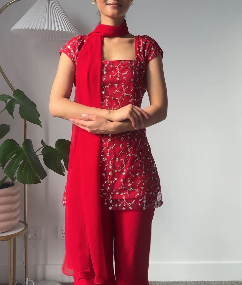 Image of Red cherry three piece kurti set 