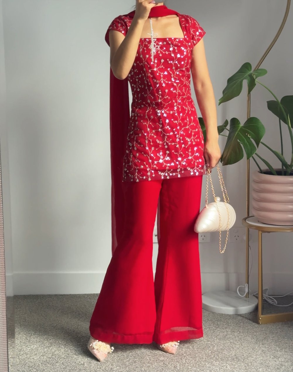 Image of Red cherry three piece kurti set 