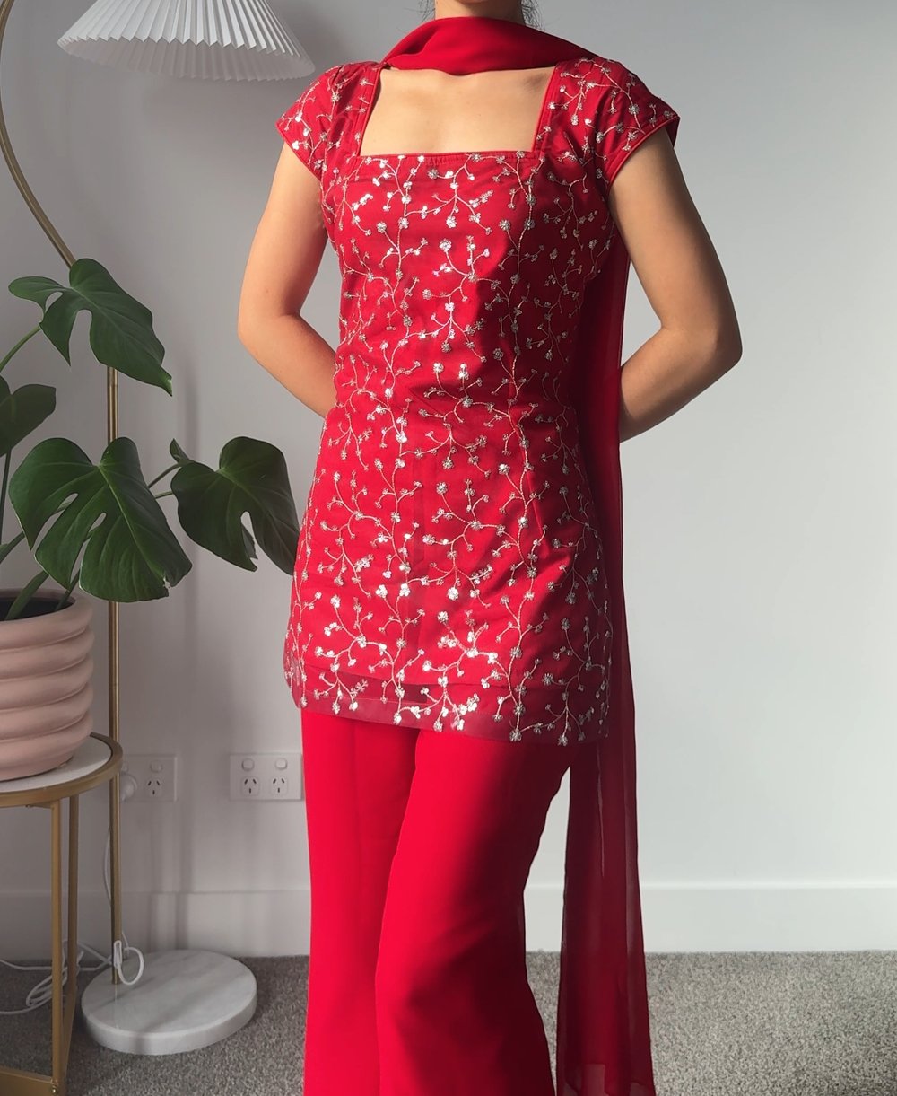 Image of Red cherry three piece kurti set 