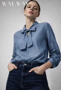 Image 3 of Soft Denim Bow Blouse — by WAY WAY