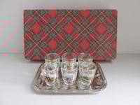 Image 1 of Vintage Scotland Shot Glasses Set (6) with Metal Tray, c 1960s, Boxed
