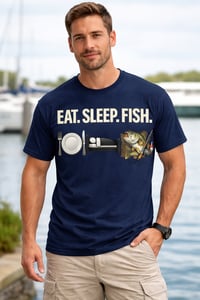 Image 1 of EAT. SLEEP. FISH. Navy Blue Angler Tee – Coastal Fishing Lifestyle Shirt