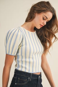 Image 1 of RIBBED STRIPE PUFF SLEEVE KNIT TOP - MAY 2026