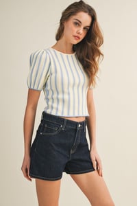 Image 2 of RIBBED STRIPE PUFF SLEEVE KNIT TOP - MAY 2026