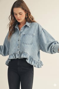 Image 1 of Washed Denim Ruffle Blouse - MID MAY 