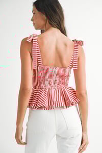 Image 8 of Pin Stripe Shoulder Tie Strap Peplum Top - LATE APRIL 