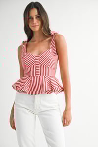 Image 6 of Pin Stripe Shoulder Tie Strap Peplum Top - LATE APRIL 