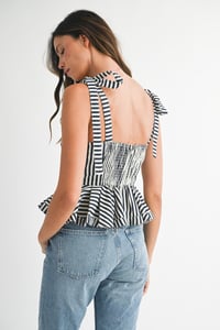 Image 5 of Pin Stripe Shoulder Tie Strap Peplum Top - LATE APRIL 