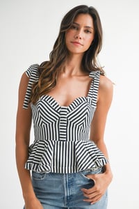 Image 1 of Pin Stripe Shoulder Tie Strap Peplum Top - LATE APRIL 