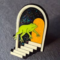 Image 2 of Green Frog Floating into Glittering Portal Enamel Pin, Traditional Tattoo