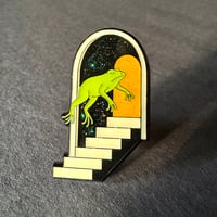 Image 1 of Green Frog Floating into Glittering Portal Enamel Pin, Traditional Tattoo