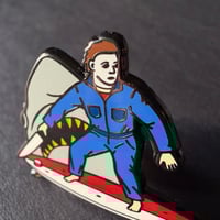 Image 2 of Michael Myers Surfing with JAWS Enamel Pin 