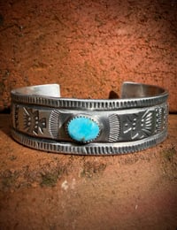 Image 1 of WL&A Handmade Ingot Old Style Sierra Bella Turquoise Thunderbird Cuff #1 - Size 7" to 7.5" Wrist 