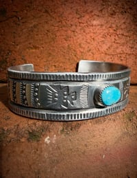 Image 4 of WL&A Handmade Ingot Old Style Sierra Bella Turquoise Thunderbird Cuff #1 - Size 7" to 7.5" Wrist 