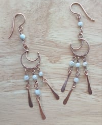 Image 1 of Aquamarine Patinaed Copper Crescent Moon Chandelier Earrings🩵